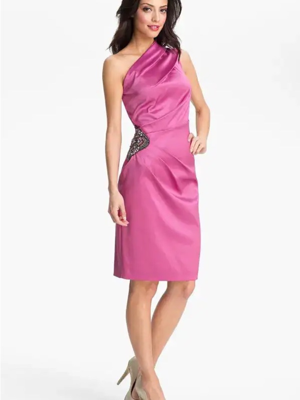Eliza J One-Shoulder Fuchsia Satin Dress with Side Embellishment